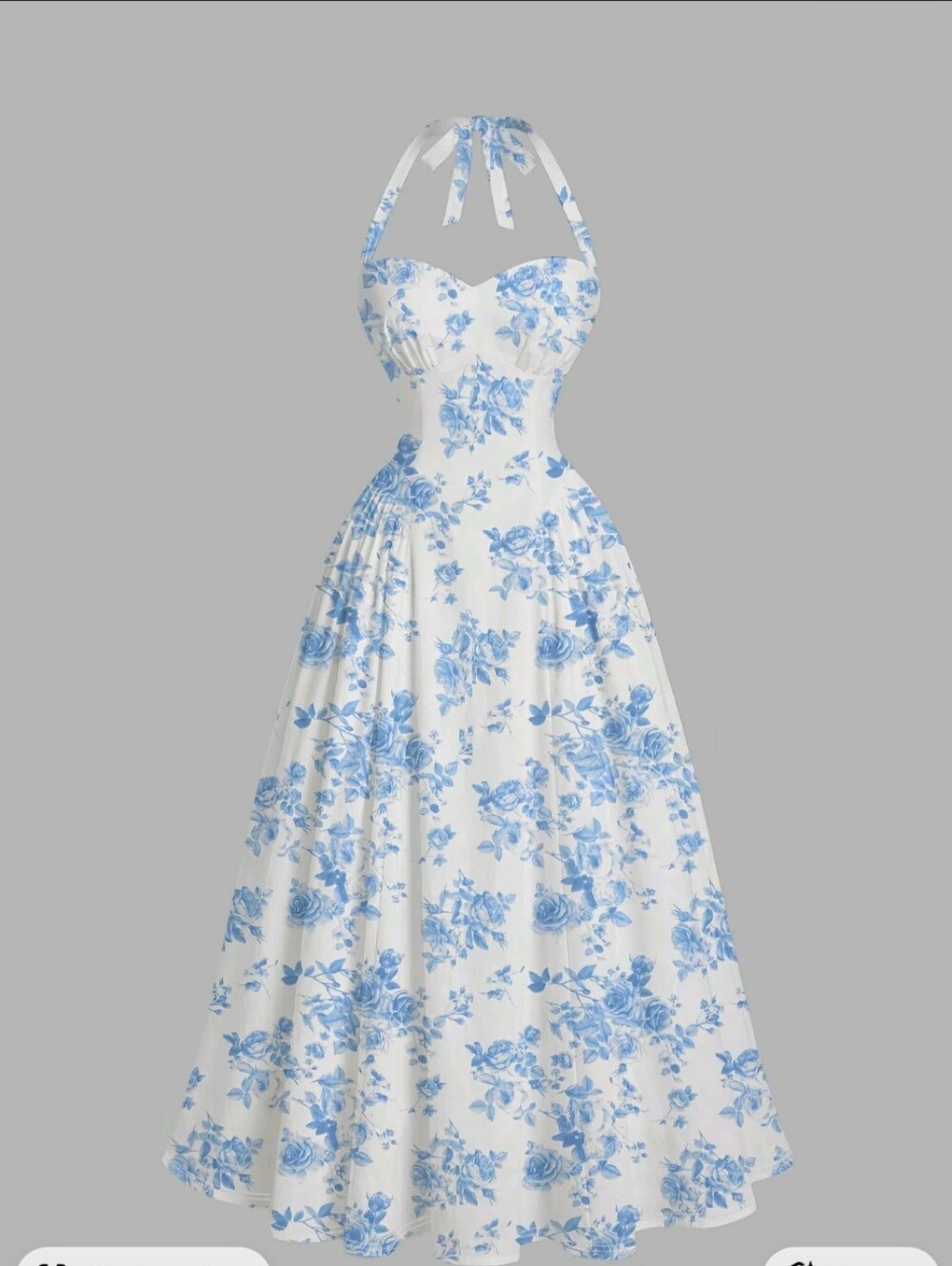 Sleeveless Blue Floral Halter Vintage Tea Dress